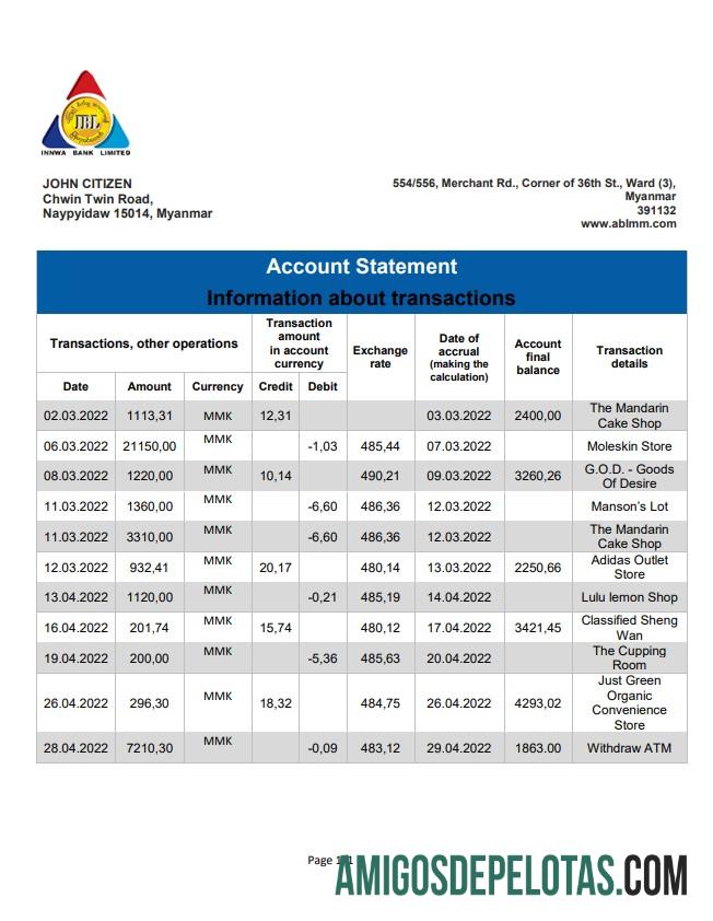 Exemplo de extrato bancário do Myanmar Innwa Bank